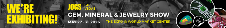 Promotional banner for JOGS Gem, Mineral & Jewelry Show in Las Vegas, May 27–31, 2026 at The Expo @ World Market Center.