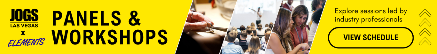 Bright yellow banner advertising 'Panels & Workshops' for JOGS Las Vegas Elements, with photos of attendees and a 'View Schedule' button.