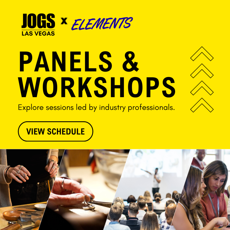 Bright yellow event banner announcing JOGS x ELEMENTS panels and workshops, with people at work and a 'View Schedule' button seen on the page.